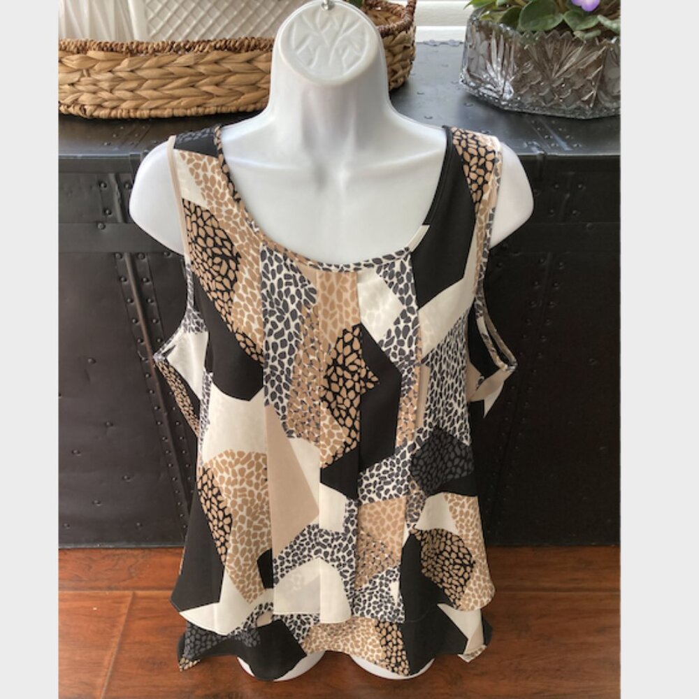 Alfani Black Tan Cream Animal Print Tiered Sleeveless Blouse 12